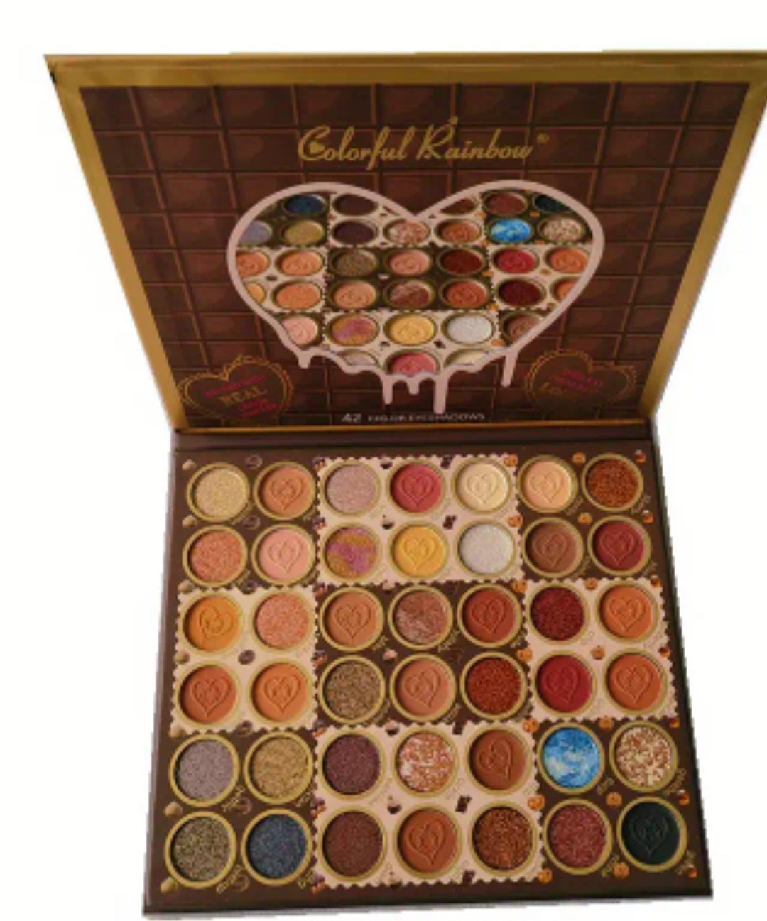 42-Color Eyeshadow Palette - Luxurious Matte & Shimmer Shades, Alcohol-Free, for All Occasions - Brown, Blue, Golden, Black Tones in Heart-Shaped Packaging